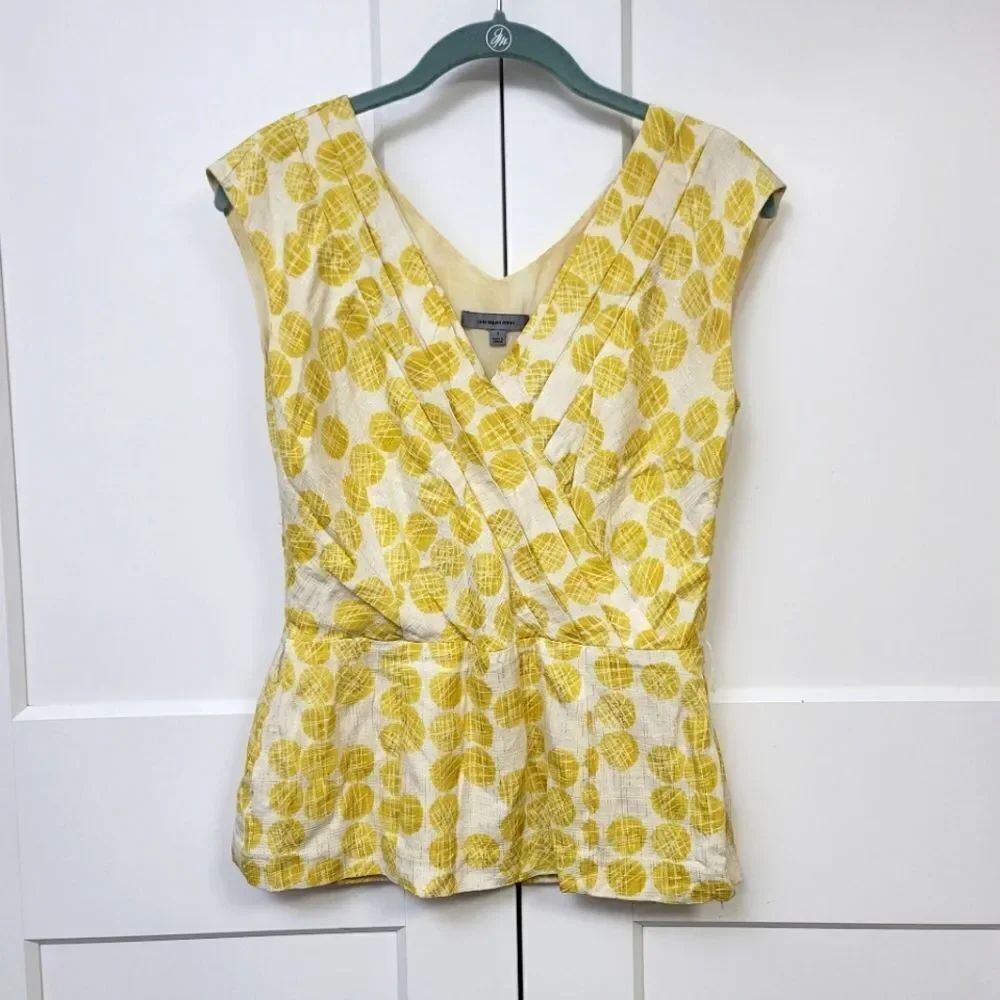 Classiques Entier Silk Blend Yellow Vneck Wrap Peplum Blouse, Small